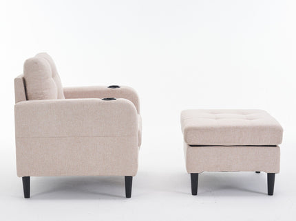 Upholstered Armchair And Storage Ottoman Set, Comfortable Single Sofa With Cup Holders And Tufted Detailing, Ideal For Living Room Or Bedroom