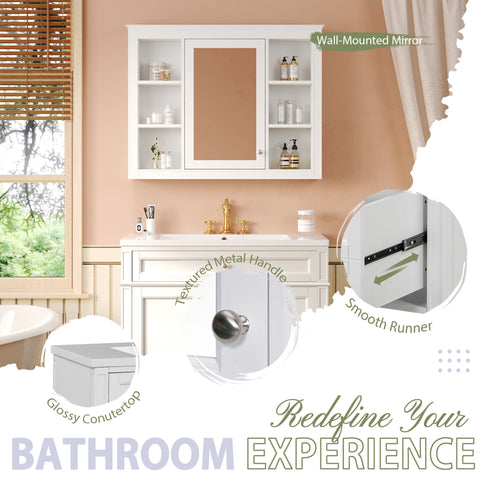 Bathroom Vanity With Top Sink, Storage Cabinet With Mirror, 2 Doors, 3 Drawers, 6 Open Shelves