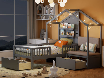 House Bed With Upholstered Sofa, Wireless Charging Station, Shelves And 2 Drawers