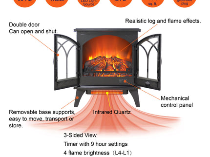 24" 3D Flame Electric Infrared Quartz Fireplace Stove With Remote Control - Antique Black