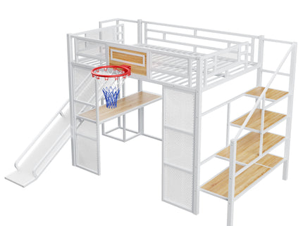 Loft Bed With Built In Desk, Open Wardrobe, Basketball Hoop, Slide And Staircase