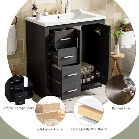 Ceramic Sink Combo, Freestanding Vanity Set With 3 Drawers & Soft Closing Doors
