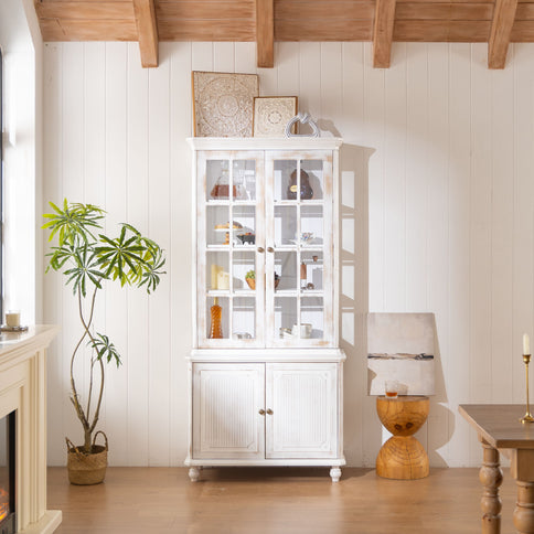 Vintage Display Cabinet With Double Glass Doors, Traditional Style Hutch For Home Or Workspace Washed - White Washed