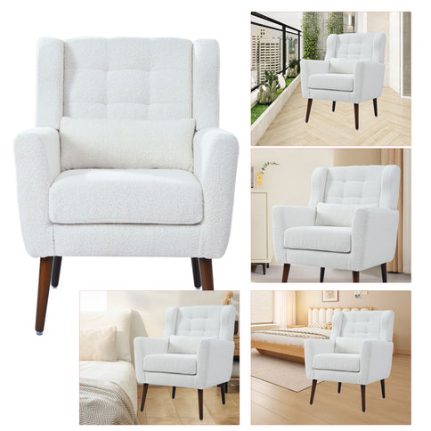 Modern Accent Chair, Arm Chairs For Living Room, Upholstered Mordern Armchair, Comfy Soft Padded Lounge Chair In Small Space, Bedroom, With Pillow, Solid Wood Leg