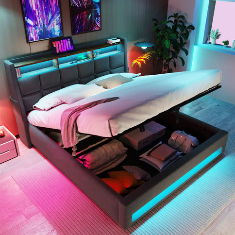 Platform Bed With Hydraulic Storage, LED Lighting & Charging Station