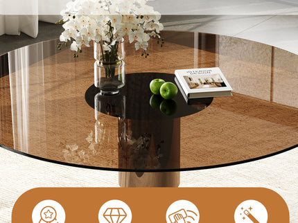 Round Dining Table & Tempered Glass Top - Brown