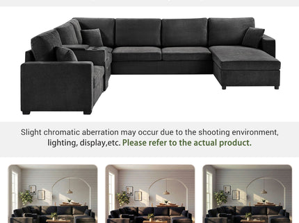 Modular 5 Seat U-Shape Sectional Sofa With Chaise Lounge, Built In Cup Holders And Storage Drawer