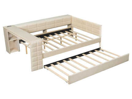 Upholstered Platform Bed With Storage Shelves, Desk, Charging Station And Trundle