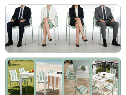 4 Piece Set Of Color Block Designed Single Chairs, Folding Square Table - Haze Green / Khaki / White