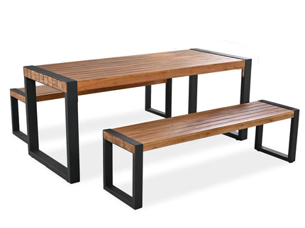 3 Pieces Outdoor Dining Table With 2 Benches, Patio Dining Set With Unique Top Texture, Acacia Wood Top & Steel Frame, All Weather Use, For Outdoor & Indoor - Natural