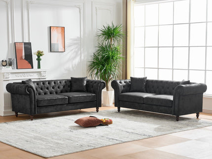 Chesterfield 3 And 3 Seater Sofa Set High Tech Fabric Roll Armrest Upholstered Couch