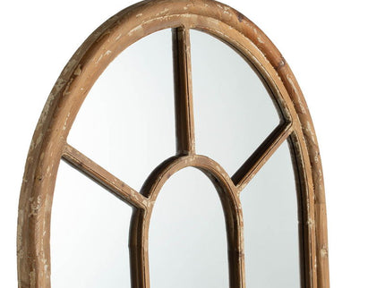 Half Round Elongated Mirror With Decorative Window Look Classic Architecture Style Solid Fir Wood Interior Decor - Brown