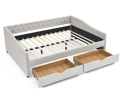 Upholstered Tufted Daybed With Drawers, Waved Arms