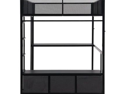 Full Size Gaming Loft Bed With LED Desk, Open Wardrobe, 3 Linen Storage Drawers - Black