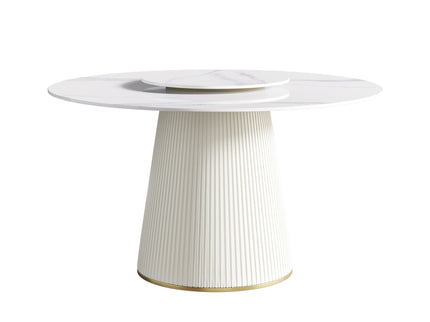Modern Artificial Stone Round Plywood Base Dining Table, Can Accommodate 6 People, Artificial Stone Turntable (Not Including Chairs) - White / Beige