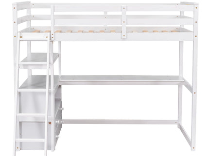Modern Loft Bed With Built In Desk, Shelves, And 2 Drawers