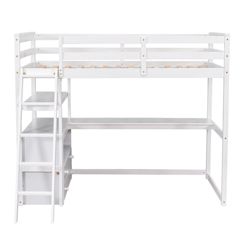 Modern Loft Bed With Built In Desk, Shelves, And 2 Drawers