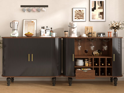 Fluted Liquor & Coffee Bar Cabinet With 6 Wine Racks And 3 Glass Holders