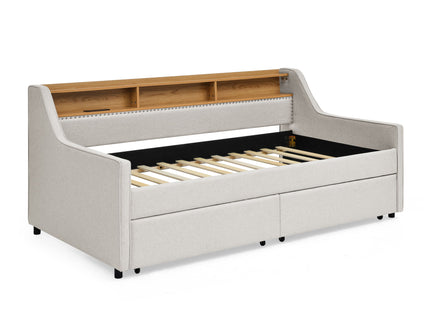 Twin Upholstered Sofa Bed With LED Lights, Storage Drawers, Adjustable Headboard & Wireless Charging - Beige