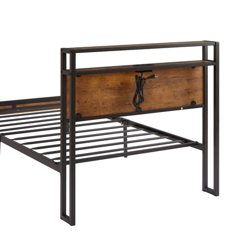 Platform Bed Frame With Wooden Headboard And Footboard, USB Liner