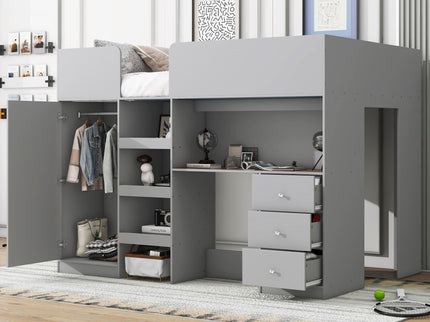 Loft Bed With Built In Wardrobe, Desk, Shelves, And Drawers