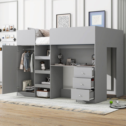 Loft Bed With Built In Wardrobe, Desk, Shelves, And Drawers