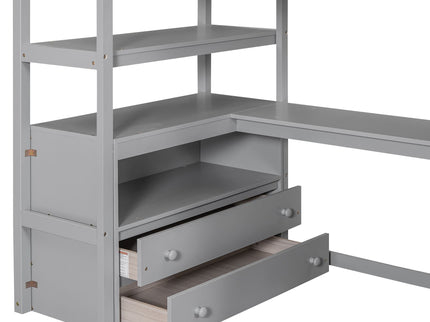 Loft Bed With Desk, Shelves, 2 Drawers, Storage Staircase