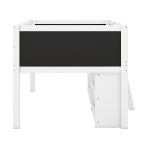Low Loft Bed With Movable Shelves And Ladder, Decorative Chalkboard Guardrail