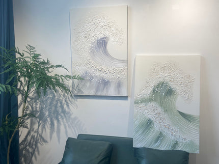 Ocean Wave Wall Art, Textured Canvas Painting With Accents (Set of 2) - Sage Green+Gold