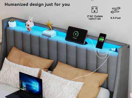 Upholstered Platform Bed Frame With RGB LED Lights, Charging Station & 2 Underbed Drawers