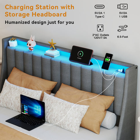 Upholstered Platform Bed Frame With RGB LED Lights, Charging Station & 2 Underbed Drawers