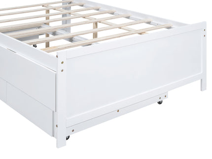 Full Size Platform Bed With Storage LED Headboard, Twin Trundle And 3 Drawers - White