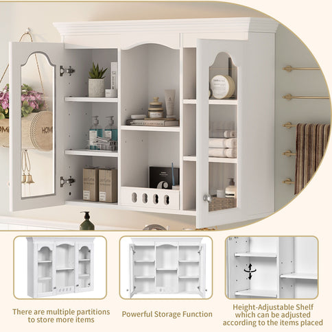 Wall-Mounted Medicine Cabinet With 2 Glass Doors, Adjustable Shelves - White