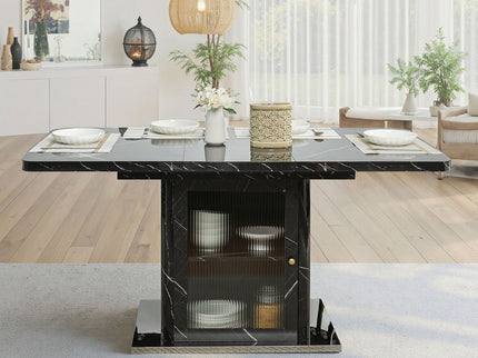 Modern Rectangle Dining Table With Stretchable Top, Storage Cabinet