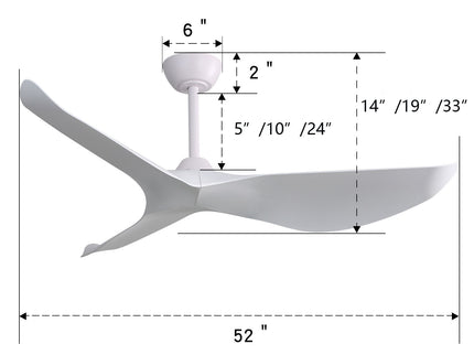 Indoor Ceiling Fan Without Light, 6 Speeds Reversible DC Motor, 3 ABS Blade Ceiling Fan White For Bedroom - White