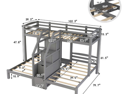 Twin Over Twin & Twin Bunk Bed With Built In Staircase And Storage Drawer - Gray
