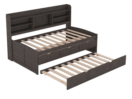 Captain Bed With Built In Bookshelves, 3 Storage Drawers, And Trundle