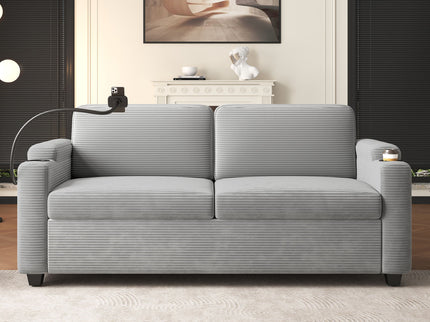 Sleeper Sofa Loveseat Sofa With Full Size Mattress, 2 USB Ports, 2 Cup Holders, 2 Side Pockets And Phone Holder