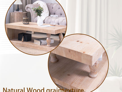 Rustic Solid Wood Coffee Table With Open Shelf, Modern Farmhouse Design - Light Natural / Natural