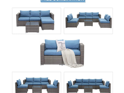 2 Piece Patio Loveseat Set With Thick Cushions, Outdoor Sectional Sofa For Balcony - Blue / Brown