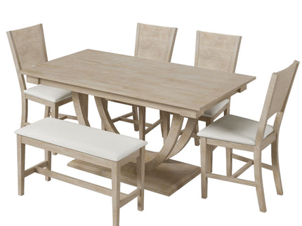 Topmax - 6 Piece Wood Half Round Dining Table Set Kitchen Table Set With Long Bench And 4 Dining Chairs, Modern Style