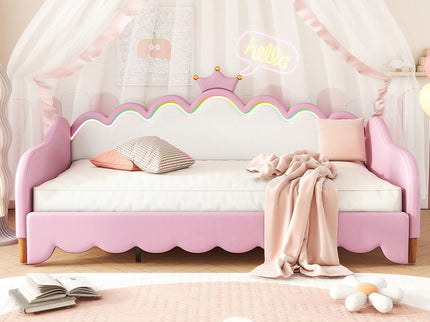 Extending Daybed With LED Lights, Modern Upholstered Princess Daybed With Crown Headboard