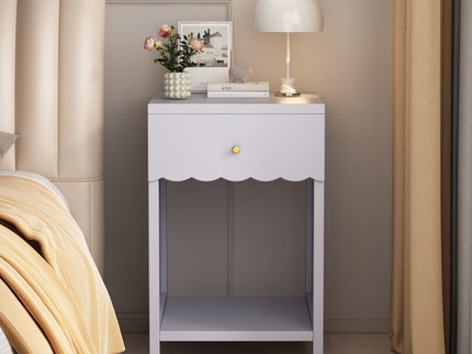Nightstand With Drawer And Open Shelf, Scalloped Edge Bedside Table