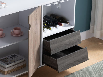 Wooden Display Rack, Cabinet With Drawer, Holds 6 Wine Glass - White / Dark Taupe