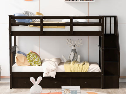 Stairway Bunk Bed With Storage And Guard Rail For Bedroom