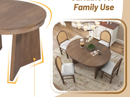 Extendable Round Dining Table Set For 4 With 4 Upholstered Chairs - Beige / Walnut
