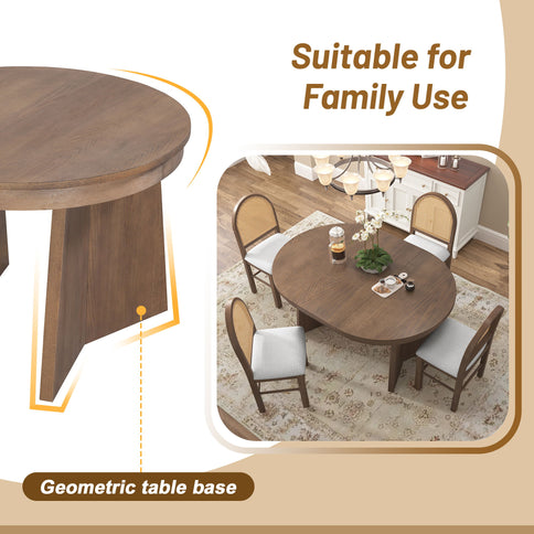 Extendable Round Dining Table Set For 4 With 4 Upholstered Chairs - Beige / Walnut