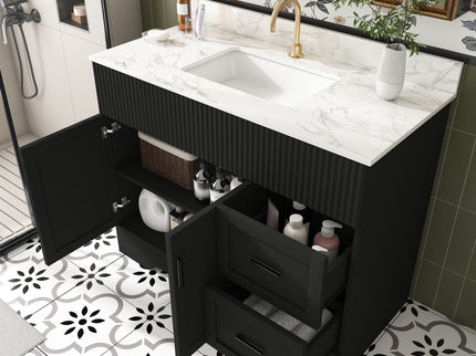 Bathroom Vanity, Fluted Cabinet, Soft Close Doors & Drawers, Single Faucet Hole, Sink Included - Black