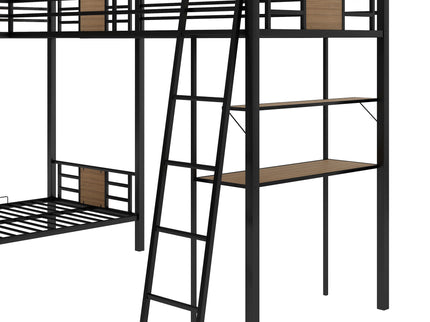 L-Shaped Twin Over Twin Bunk Bed With Twin Size Loft Bed With Desk And Shelf - Brown