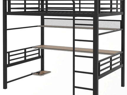 Full Size Loft Bed Frame With Storage Shelf And LED Light - Black